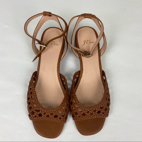 J. Crew Woven Leather Block Heeled Sandal Ankle Strap Brown Tan